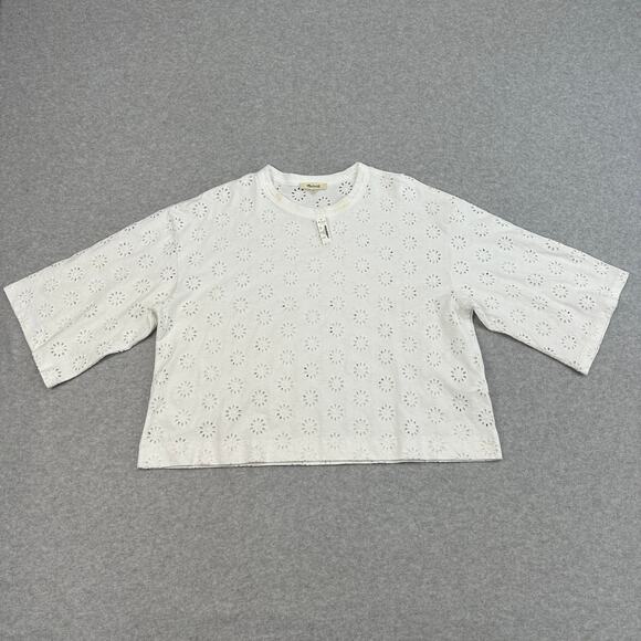Madewell Embroidered Wide-Sleeve Boxy Tee WMNS L White Floral Crewneck Relaxed - Picture 3 of 8